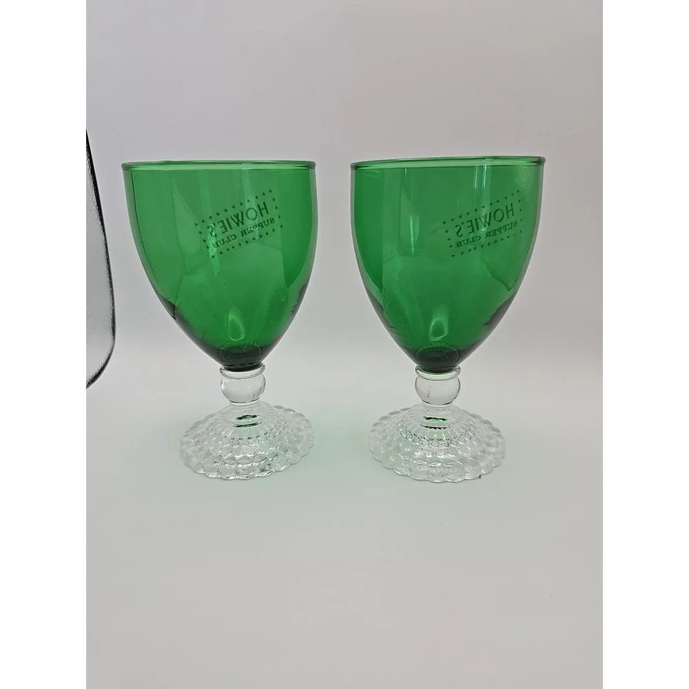 2 Vintage Anchor Hocking Emerald Green Footed Glass Goblet ‎ Howies Supper Club